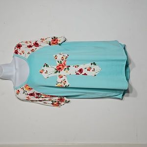 now n forever aqua green with floral cream sleeve raglan top with cross 3X